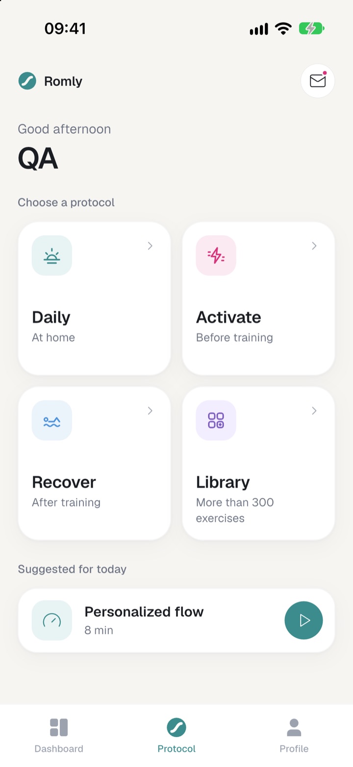 Romly home screen with the Daily, Activate, Recover and Library protocols