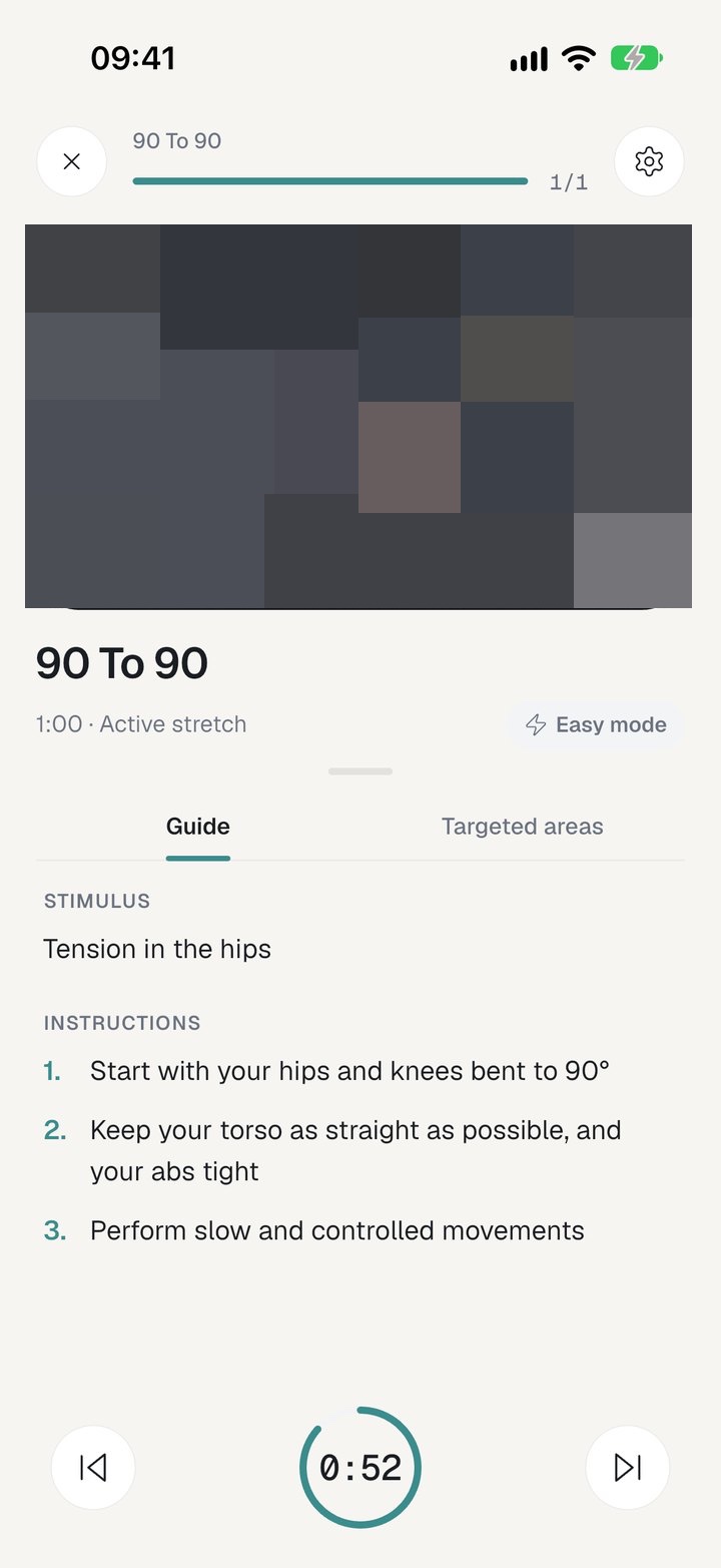 Exercise player with the video and countdown timer